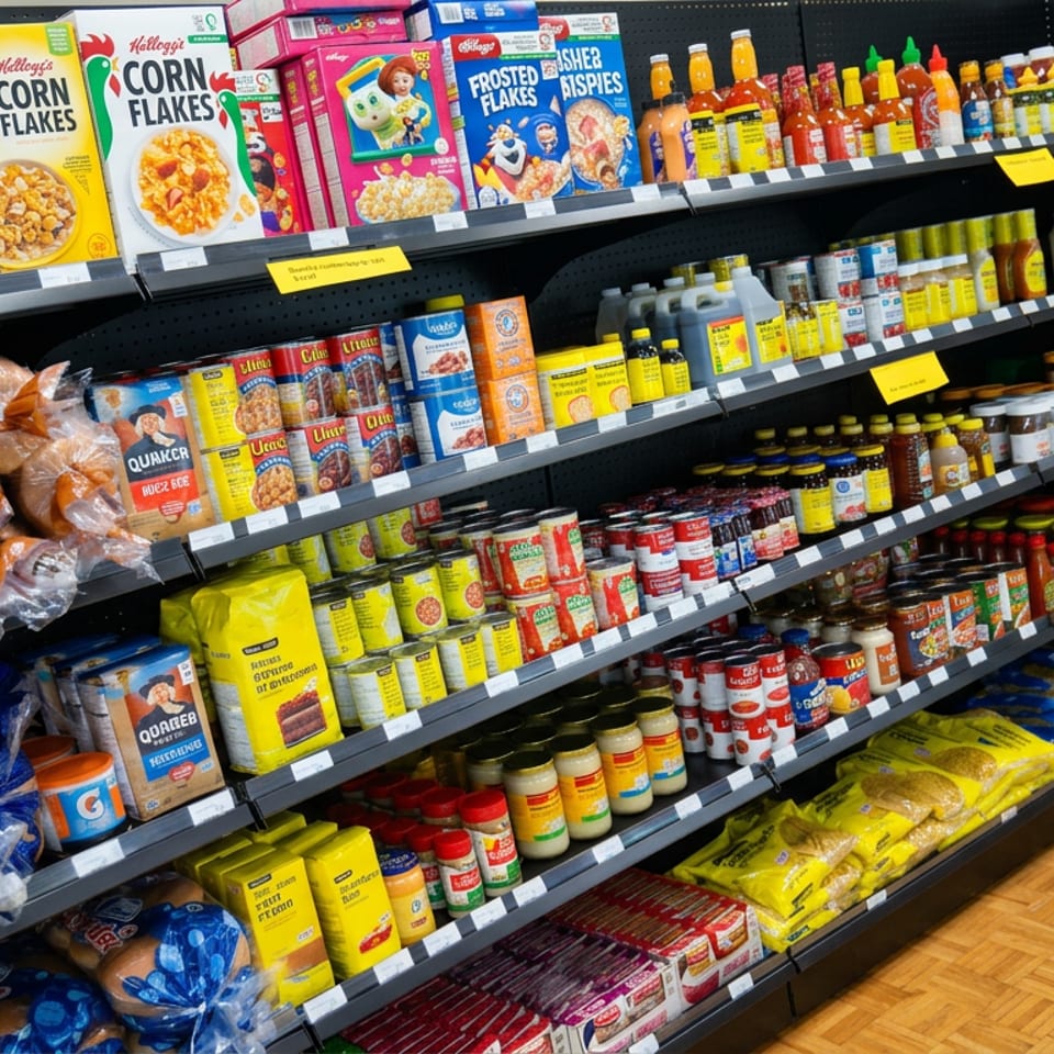 Grocery store aisle stocked with cereal, bread, canned goods, condiments, sauces, and packaged foods on black shelves.