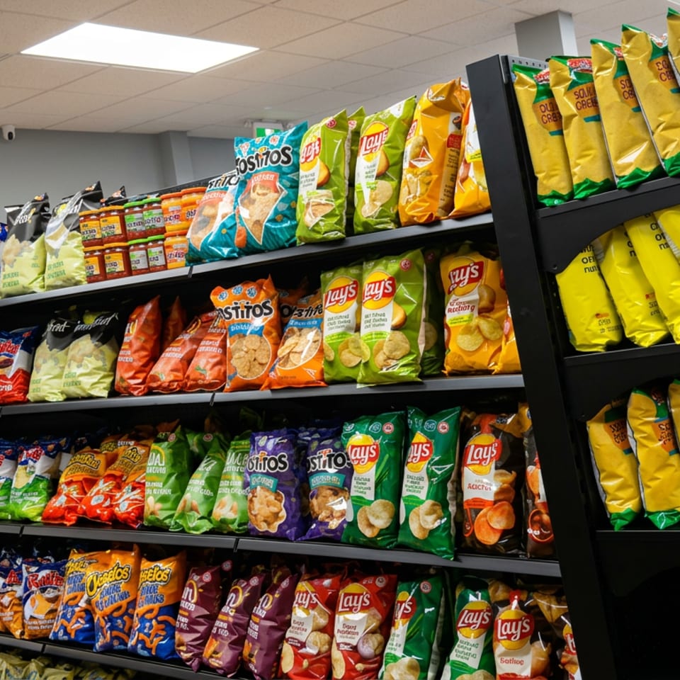 Shelves densely stocked with colorful potato chips, tortilla chips, and snack bags in a brightly lit store.