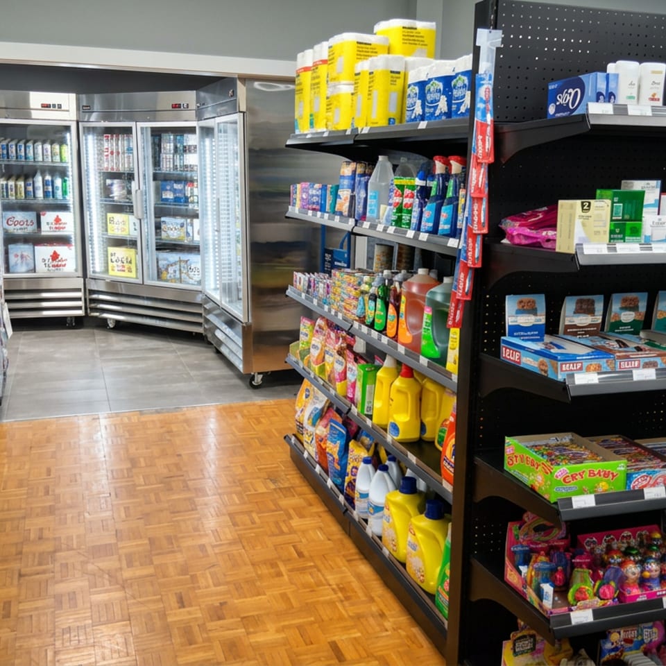 Convenience store aisle stocked with snacks, beverages, cleaning products, toiletries, candy, and refrigerated drinks.