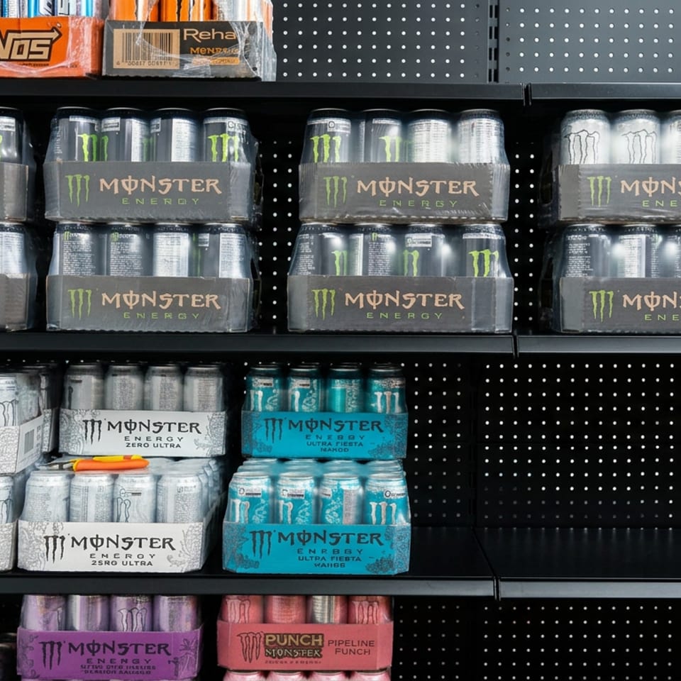 Shelves display assorted Monster Energy drink multipacks, including black, white, blue, purple, and pink varieties.