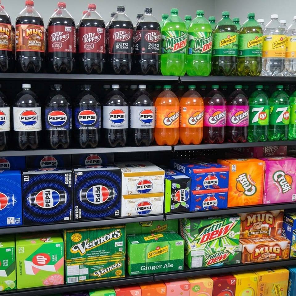 Shelves stocked with bottled and boxed soft drinks, including Pepsi, Dr Pepper, Mountain Dew, Crush, 7UP, and MUG.