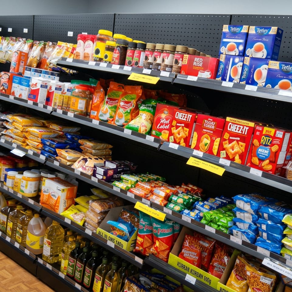 Grocery store shelves stocked with tea, crackers, grains, cooking oils, spices, and packaged pantry staples.