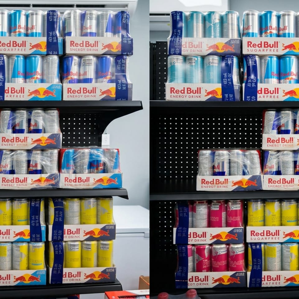 Shelves stocked with numerous Red Bull energy drink multipacks in assorted flavors and colors.