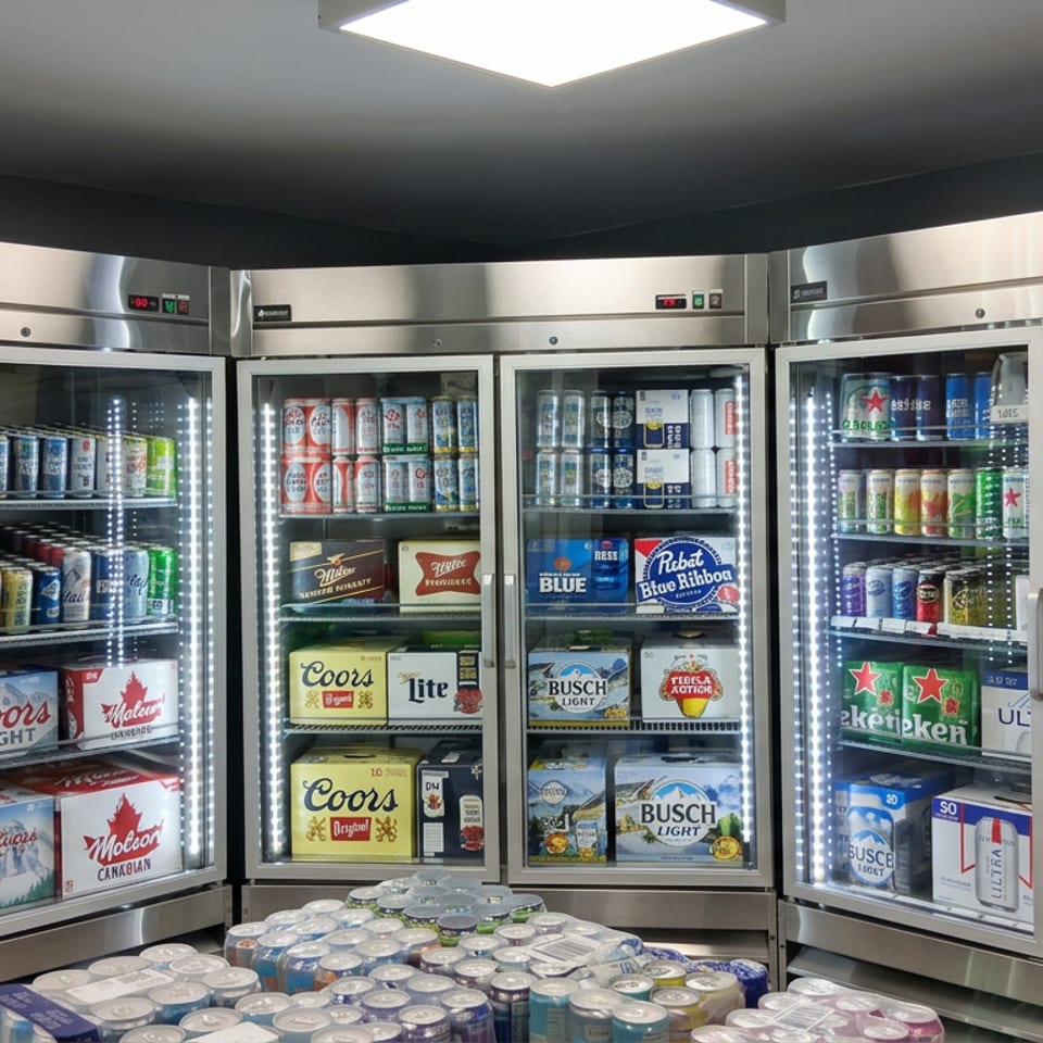 Wall of illuminated glass refrigerators stocked with assorted beer cans, bottles, and cases in a restaurant or beverage store.