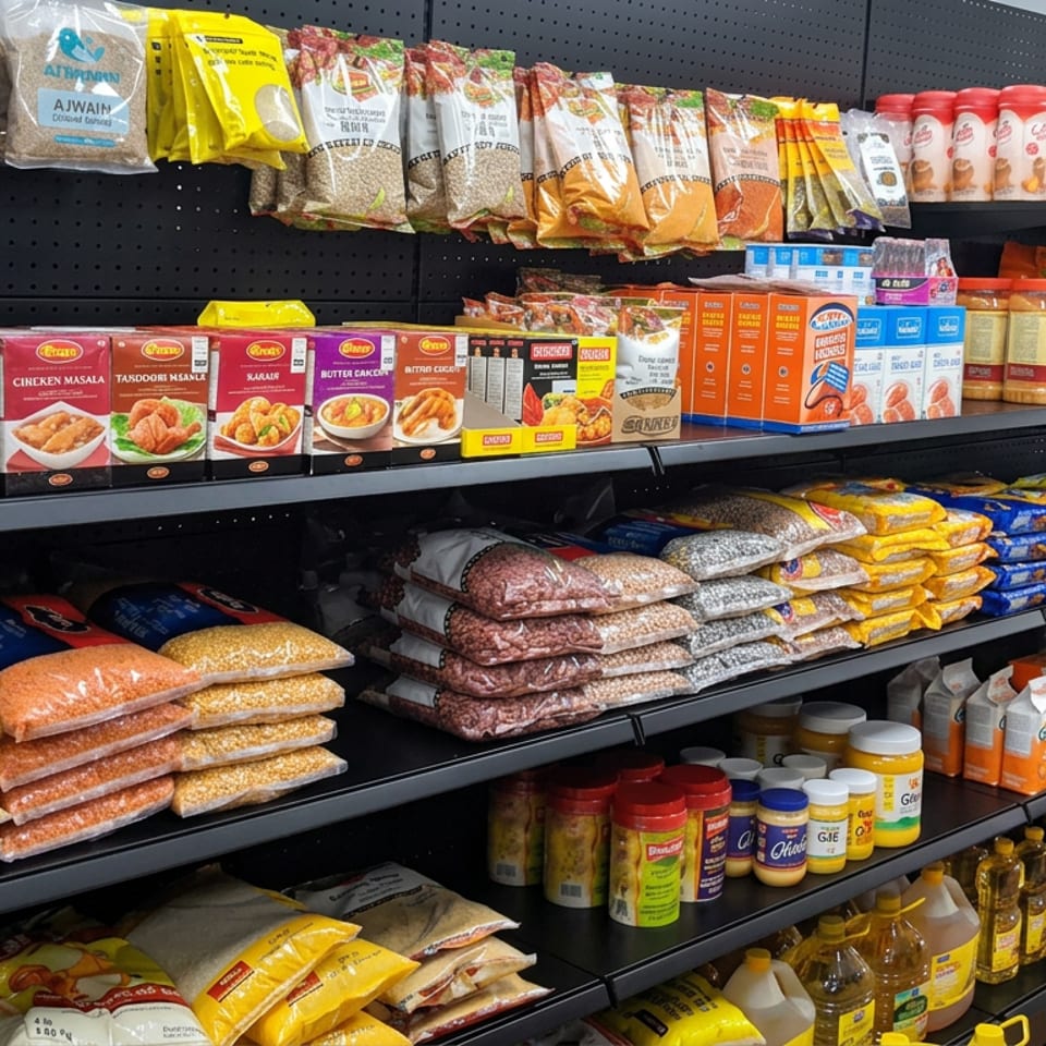 Grocery shelves stocked with South Asian rice, lentils, spices, sauces, snacks, and packaged meal products.
